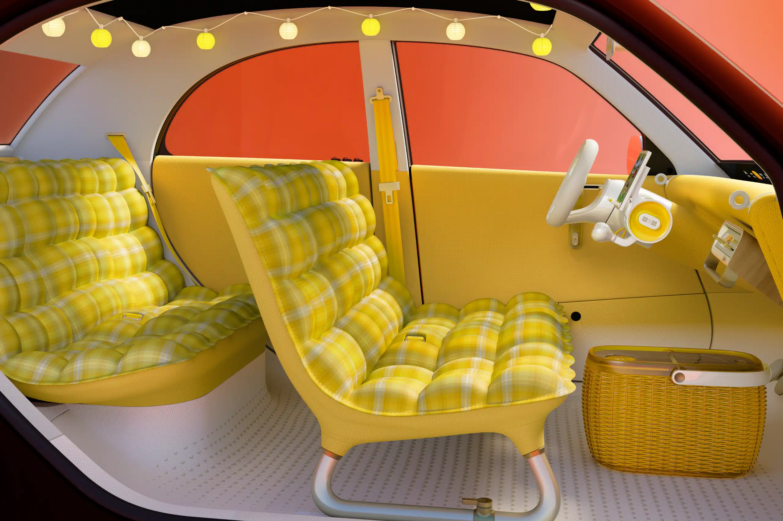 Vue de profil de l’habitacle jaune et orange du Citroën 2CV Concept