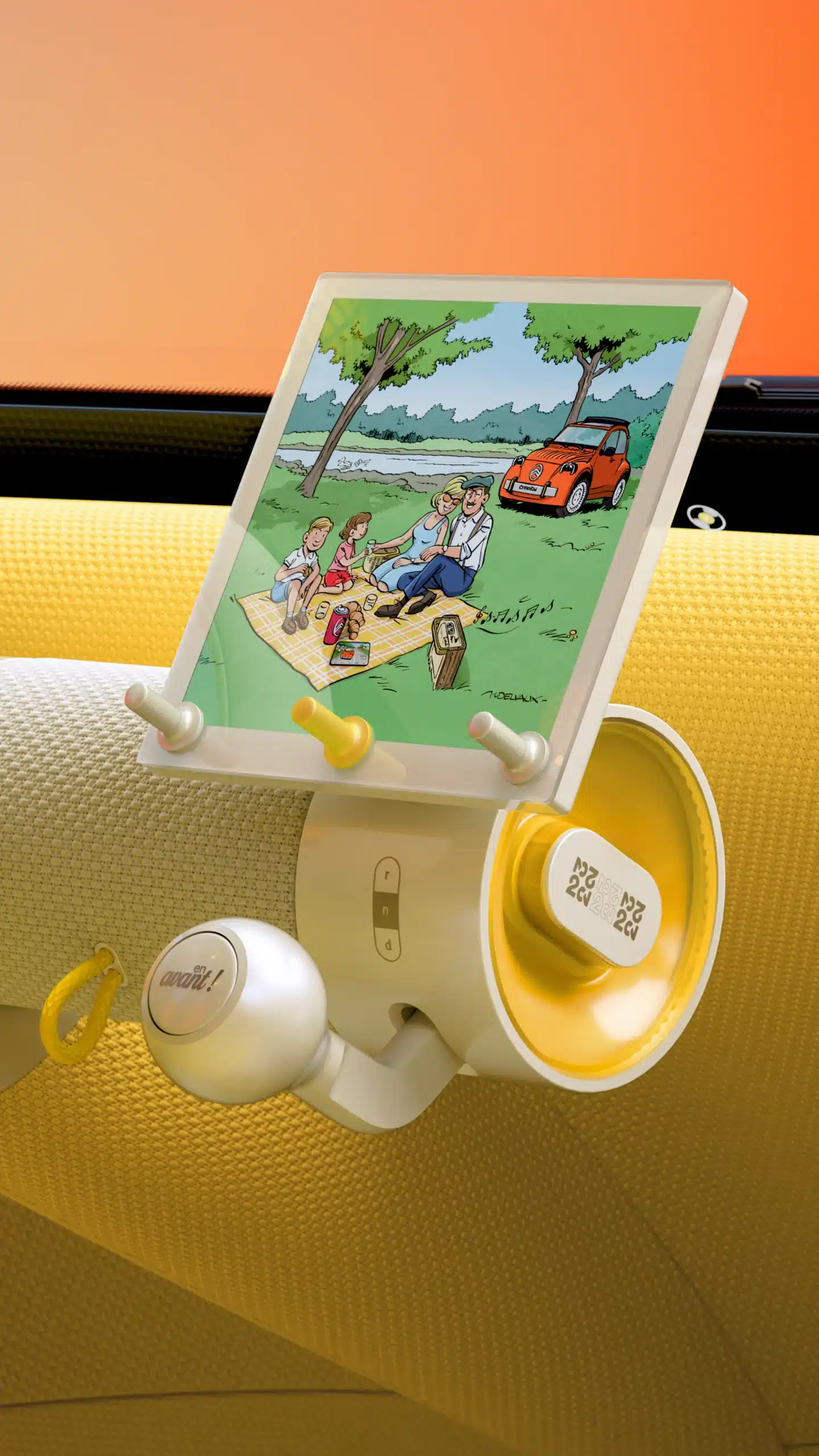 Habitacle du Citroën 2CV Concept avec volant blanc, écran central et sellerie jaune