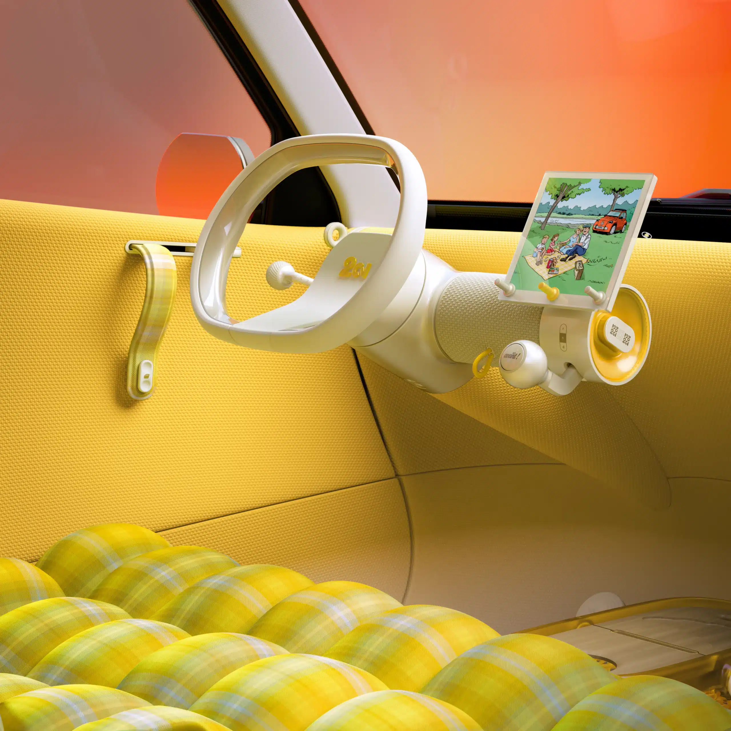 Habitacle du Citroën 2CV Concept avec volant blanc, écran central et sellerie jaune