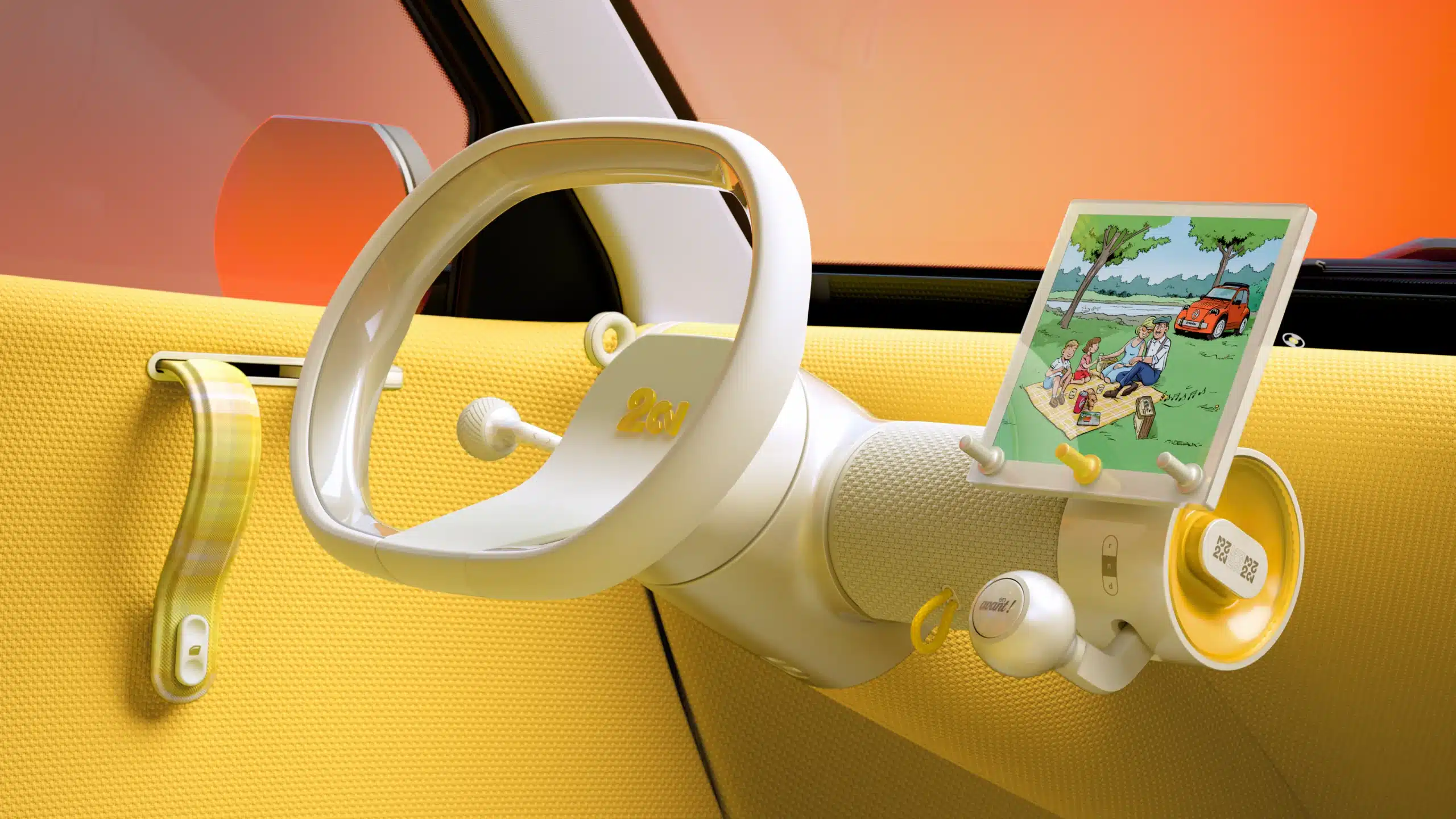 Détail de l’habitacle jaune et orange du Citroën 2CV Concept