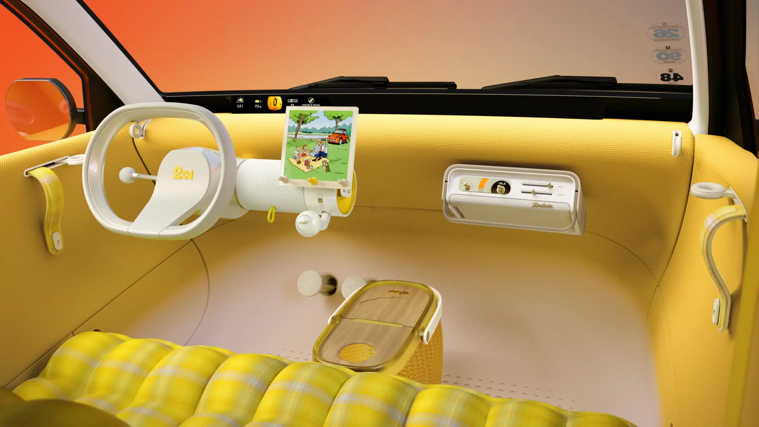 Habitacle jaune du Citroën 2CV concept avec volant blanc, écran central et banquette matelassée