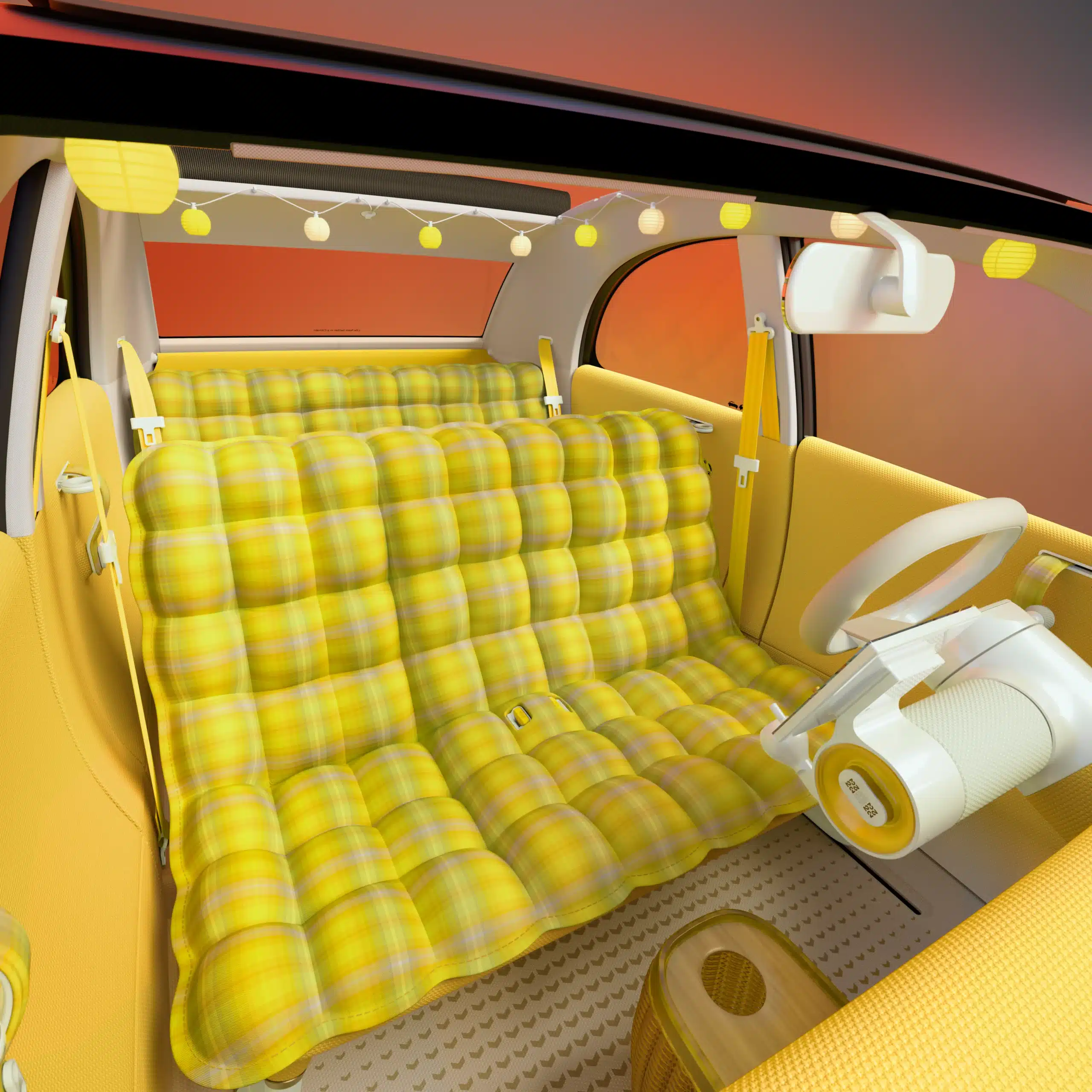 Assise jaune matelassée dans l’habitacle du Citroën 2CV Concept