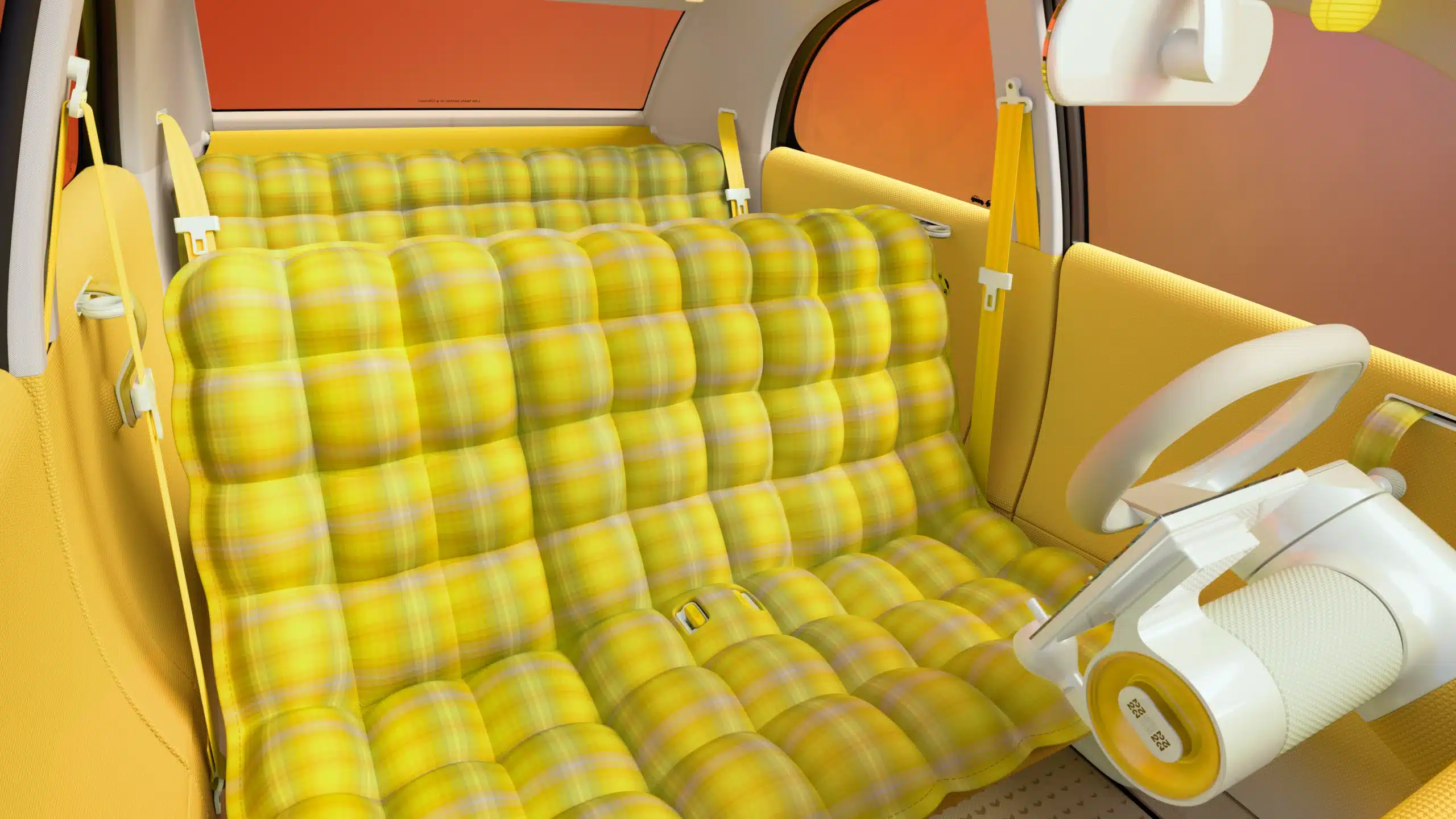 Habitacle du Citroën 2CV concept avec assises jaunes matelassées