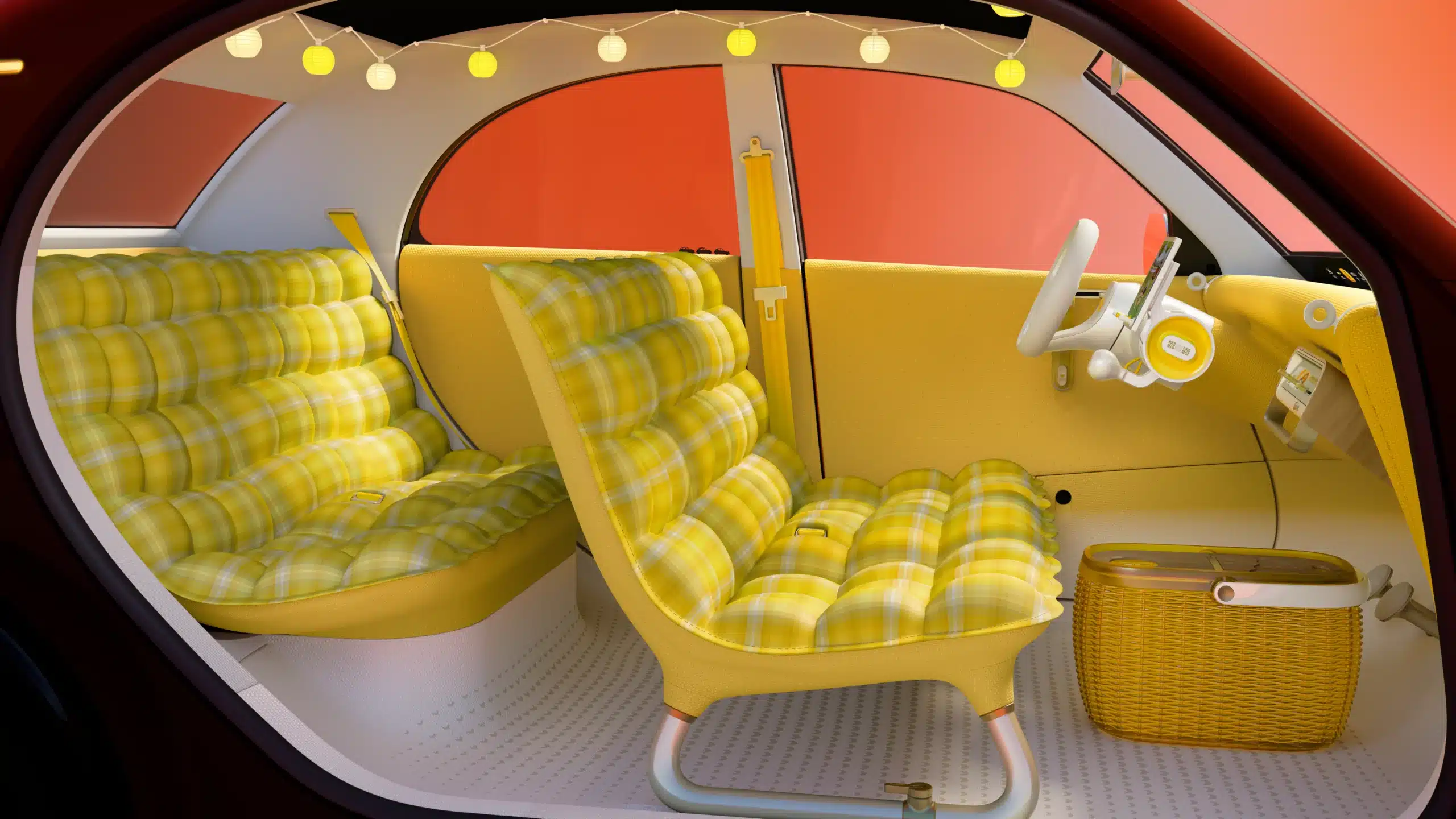 Detail of the yellow and orange Citroën 2 CV concept interior