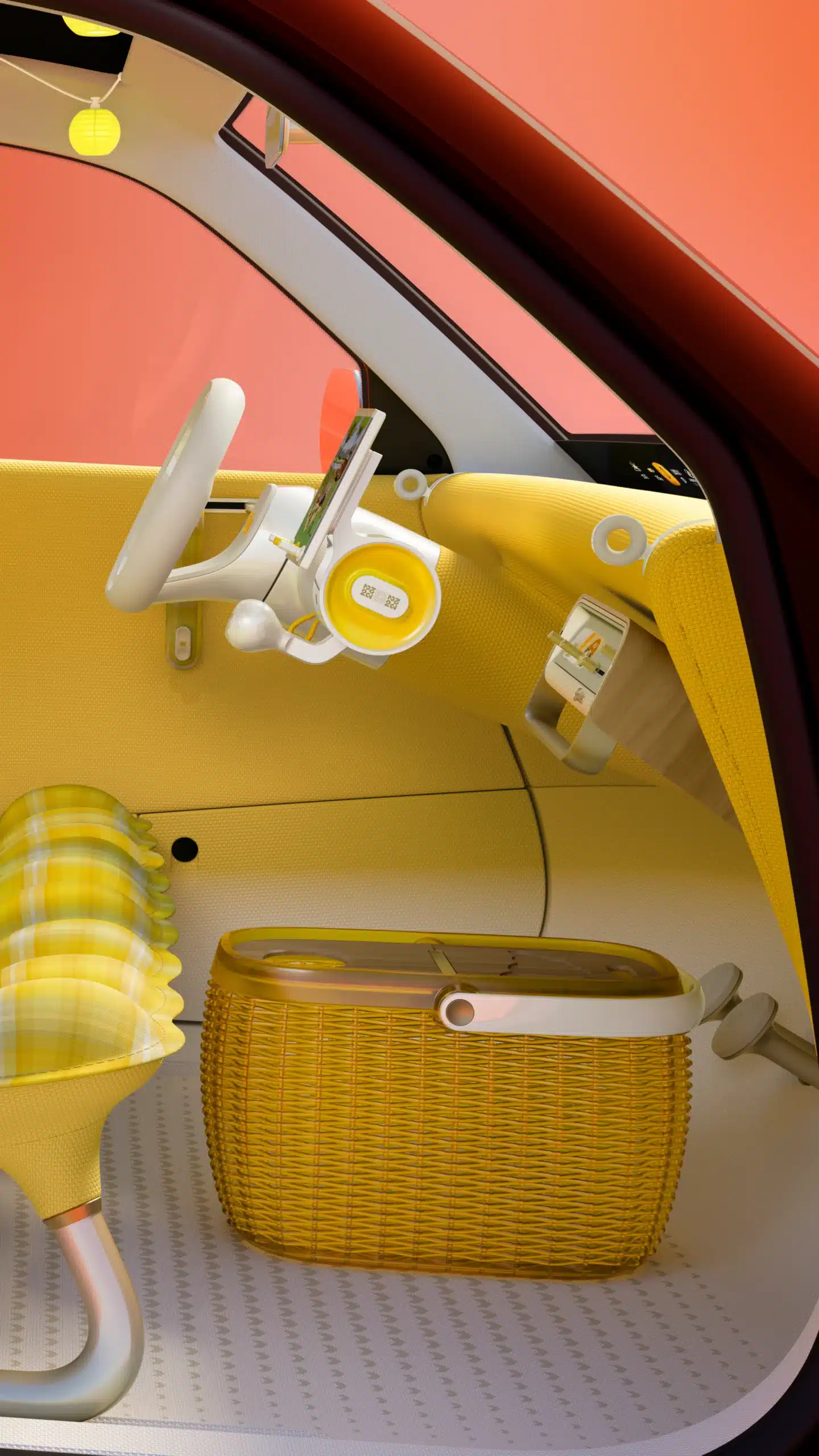 Détail de l’habitacle jaune et orange du Citroën 2CV Concept