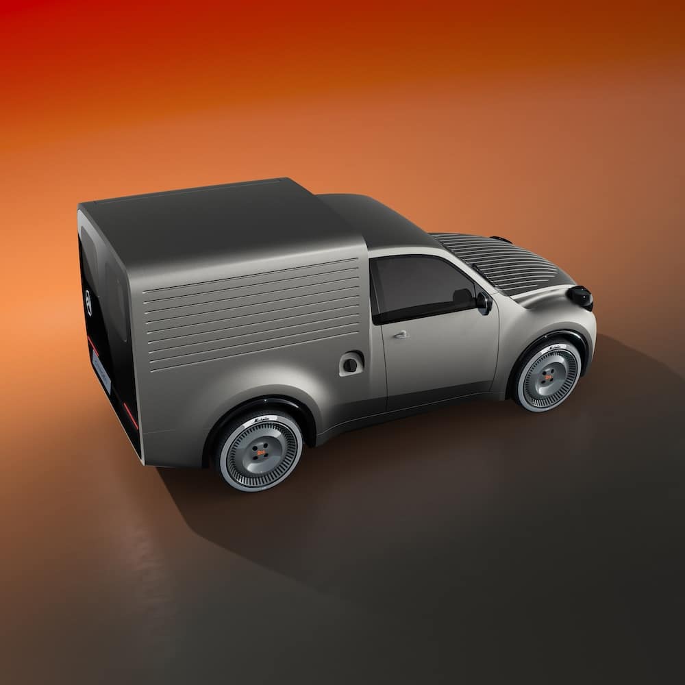 Citroën 2CV concept fourgonette gris, vue de trois quarts arrière sur fond orange