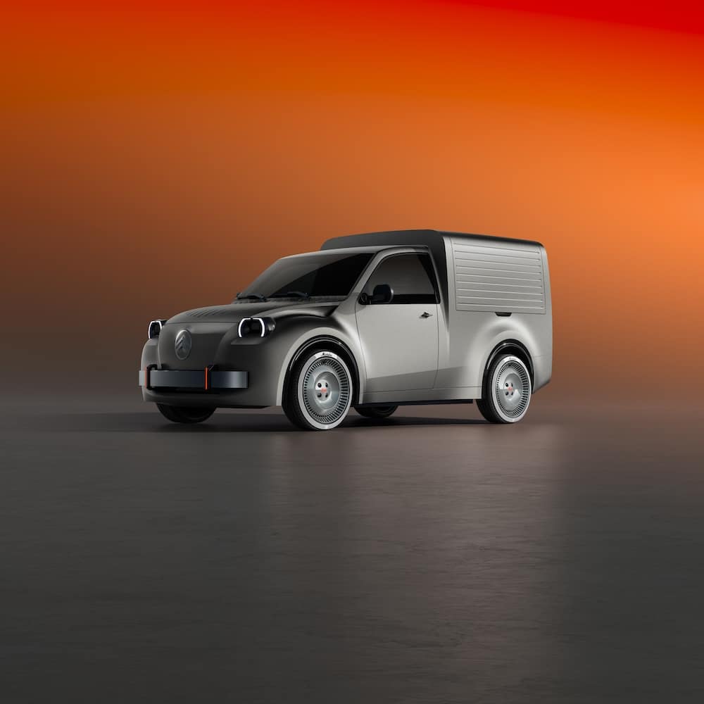 Citroën 2CV concept fourgonette gris foncé, vue de trois quarts avant sur fond orange
