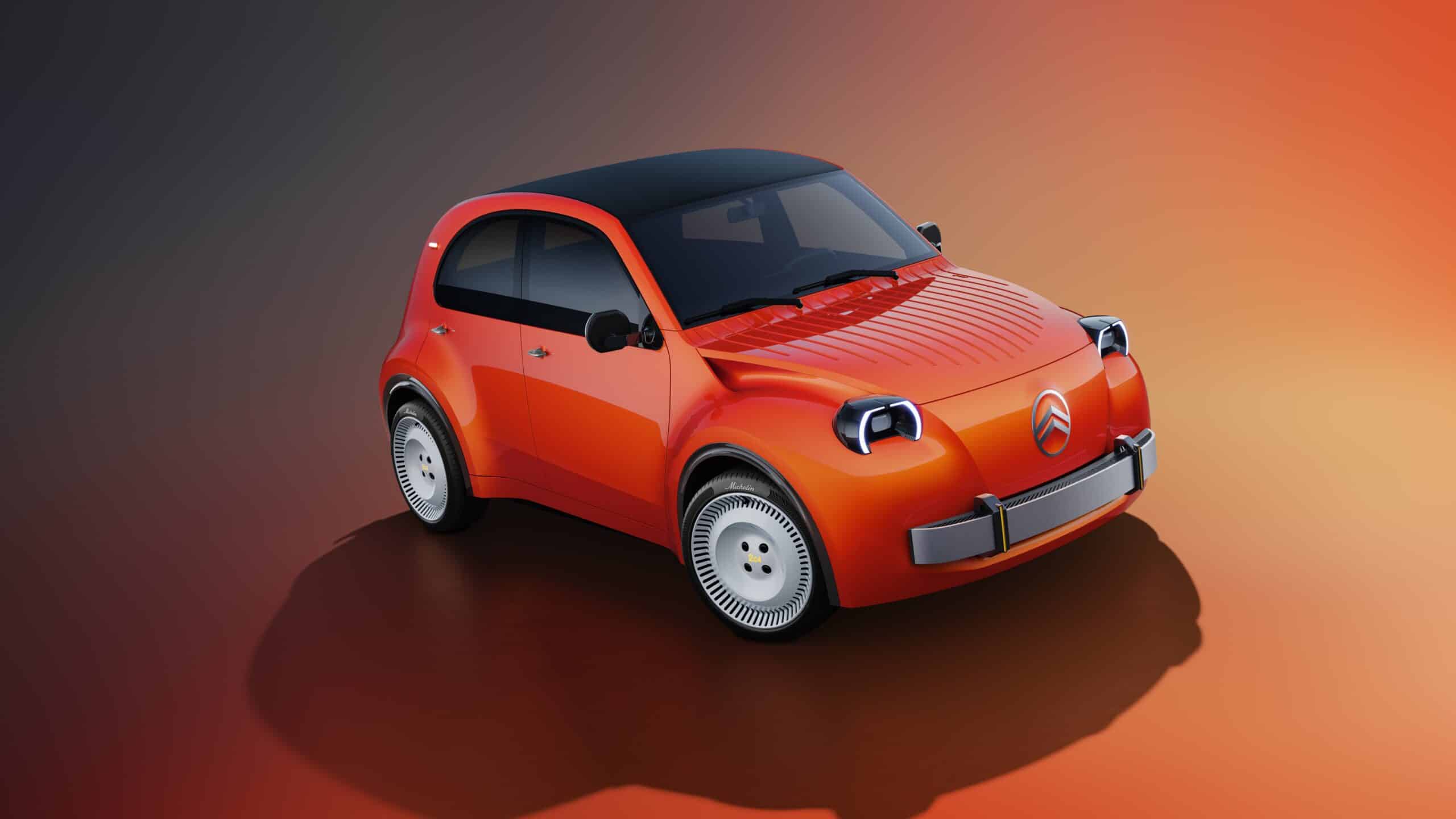 Orange Citroën 2 CV concept in front three-quarter view against a dark orange background
